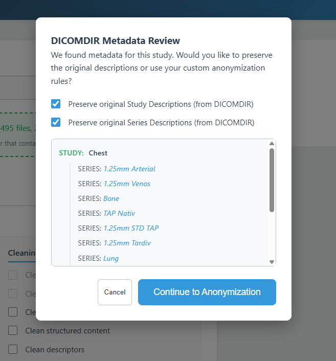 DICOMDIR metadata preservation modal