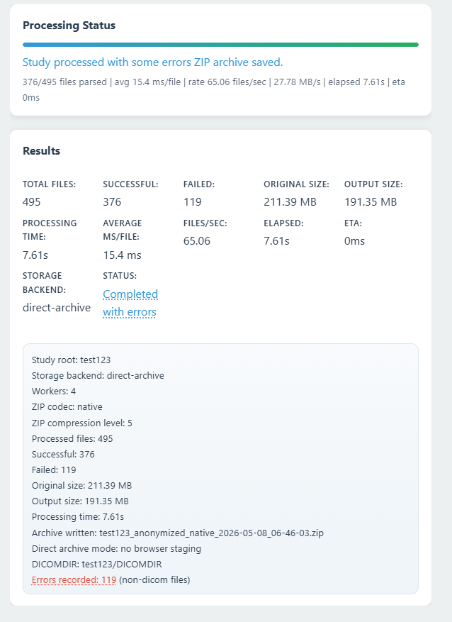 Status and results sections